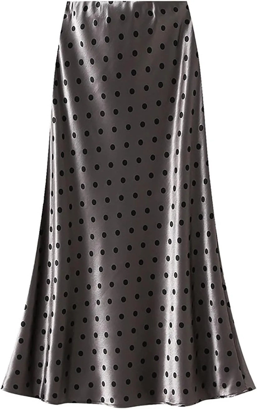 CORIRESHA Women's Elegant Polka Dot Skirt Elasticized Waistband Flowy Maxi Satin Skirt
