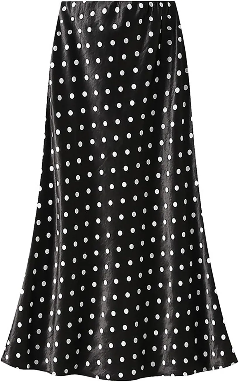 CORIRESHA Women's Elegant Polka Dot Skirt Elasticized Waistband Flowy Maxi Satin Skirt