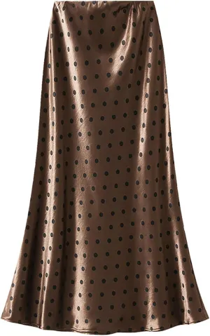 CORIRESHA Women's Elegant Polka Dot Skirt Elasticized Waistband Flowy Maxi Satin Skirt