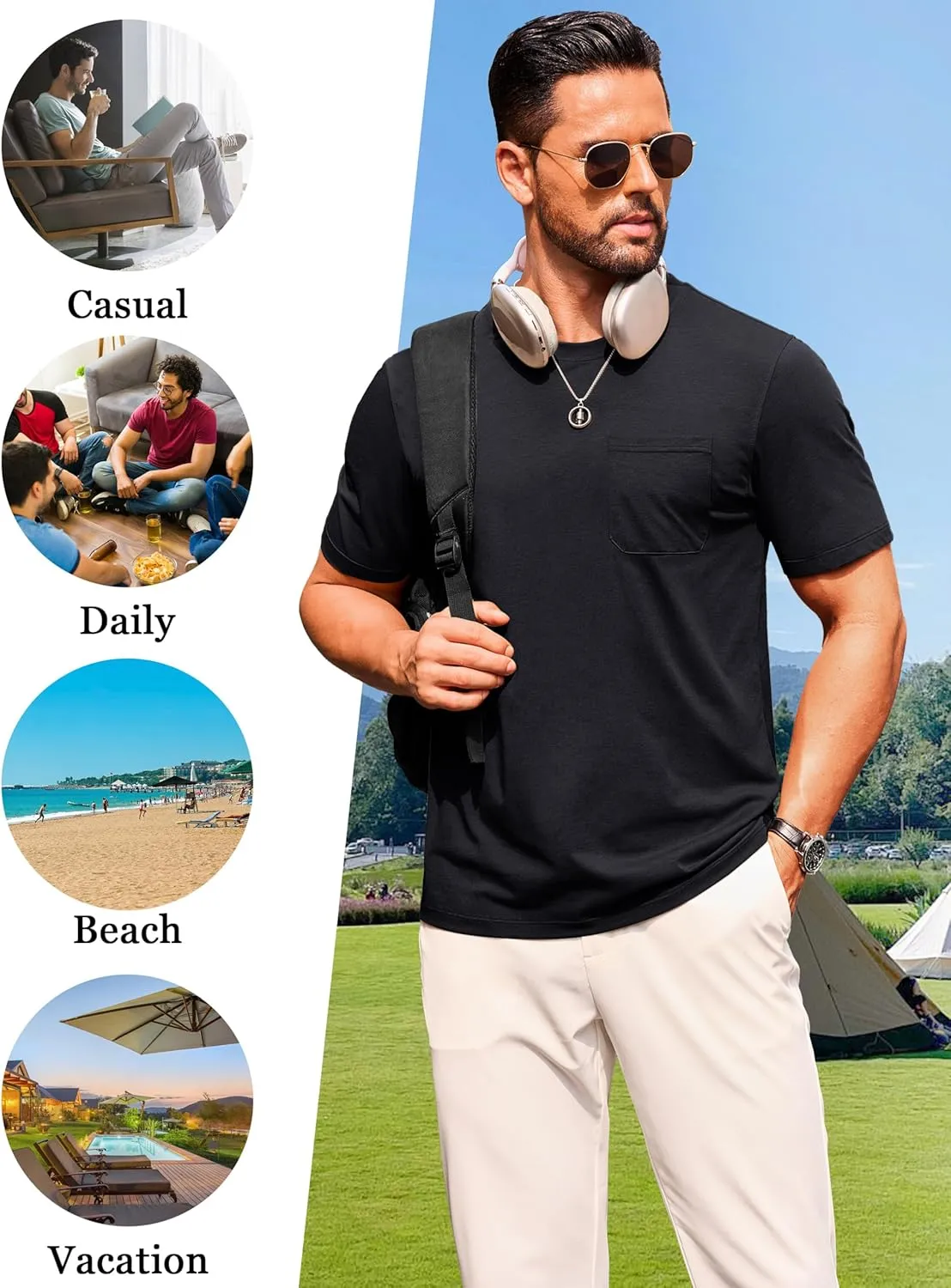 Cotrasen Men's T-Shirts Cotton Short Sleeve T Shirts for Men UPF 50  Moisture Wicking T-Shirt Casual Crew Neck Pocket Tee