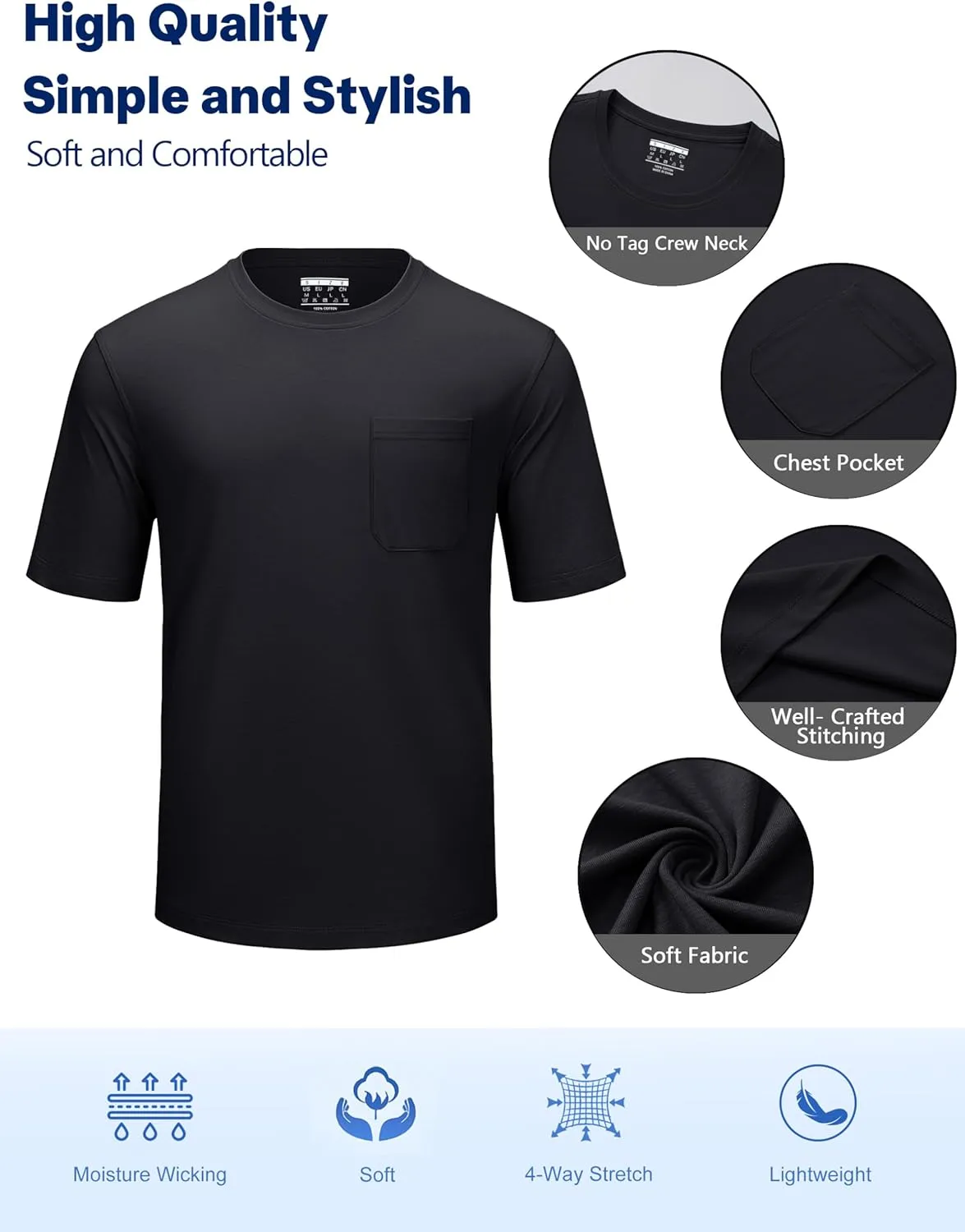 Cotrasen Men's T-Shirts Cotton Short Sleeve T Shirts for Men UPF 50  Moisture Wicking T-Shirt Casual Crew Neck Pocket Tee