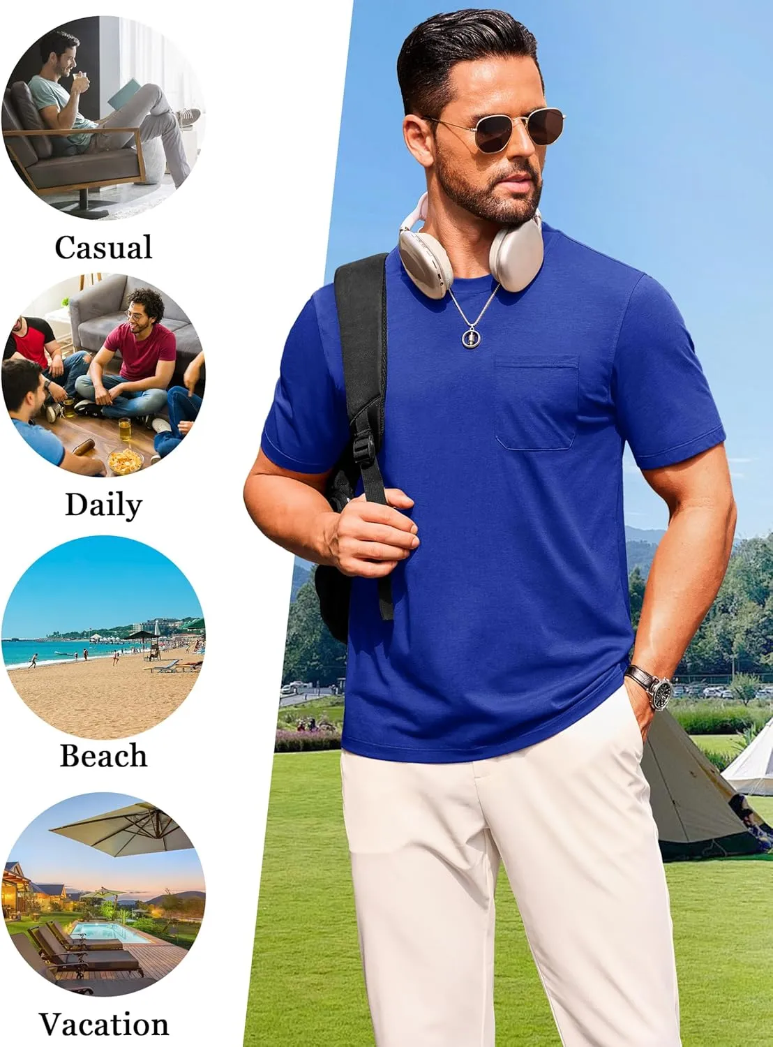 Cotrasen Men's T-Shirts Cotton Short Sleeve T Shirts for Men UPF 50  Moisture Wicking T-Shirt Casual Crew Neck Pocket Tee