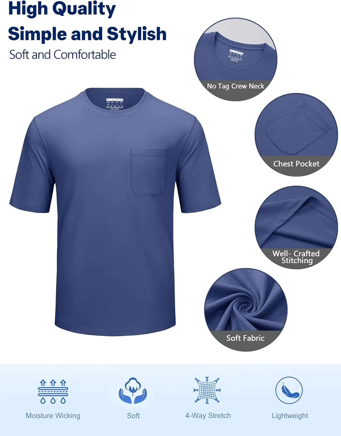 Cotrasen Men's T-Shirts Cotton Short Sleeve T Shirts for Men UPF 50  Moisture Wicking T-Shirt Casual Crew Neck Pocket Tee