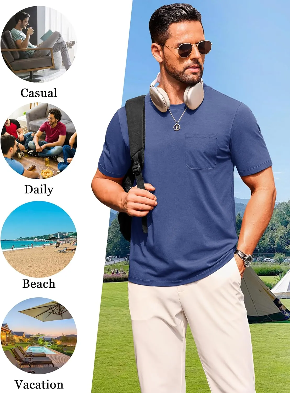 Cotrasen Men's T-Shirts Cotton Short Sleeve T Shirts for Men UPF 50  Moisture Wicking T-Shirt Casual Crew Neck Pocket Tee