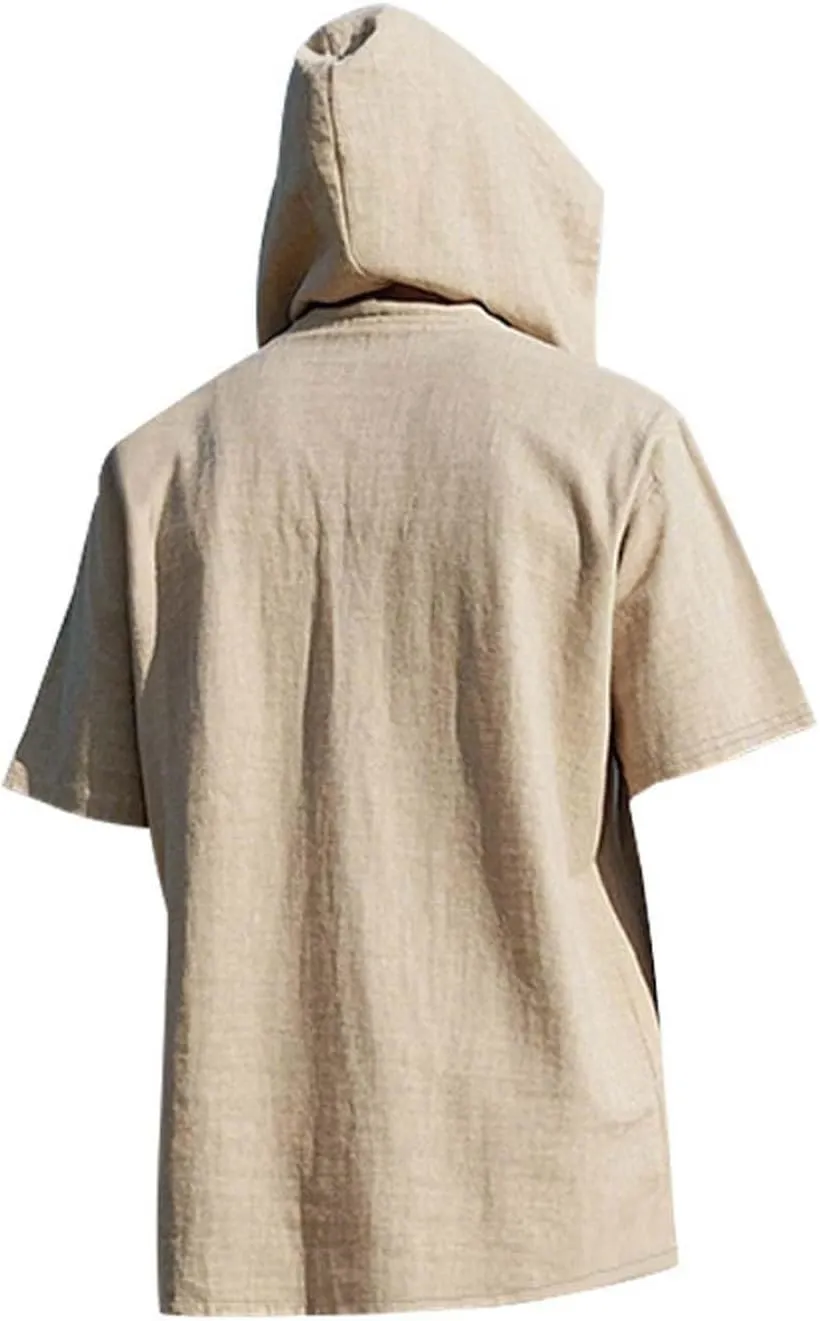 Cotton Linen Shirts for Men Casual Button Down Hoodie Summer Beach Loose Short Sleeve Drawstring Pullover Hooded Top