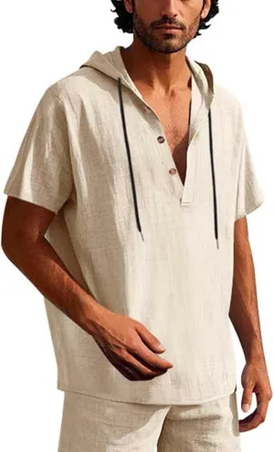Cotton Linen Shirts for Men Casual Button Down Hoodie Summer Beach Loose Short Sleeve Drawstring Pullover Hooded Top