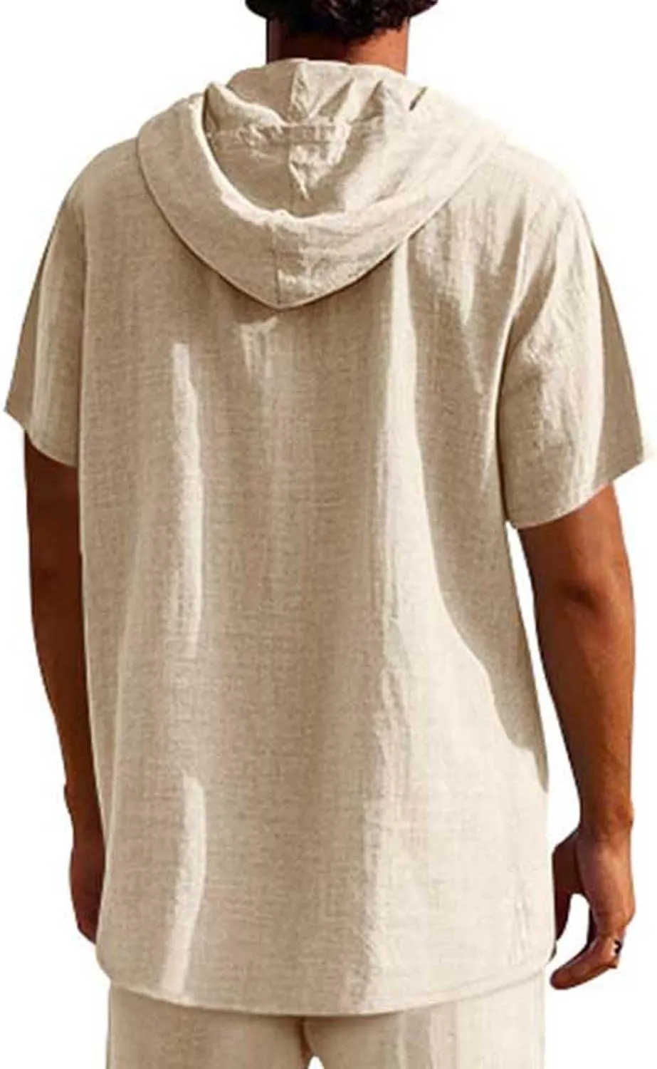 Cotton Linen Shirts for Men Casual Button Down Hoodie Summer Beach Loose Short Sleeve Drawstring Pullover Hooded Top
