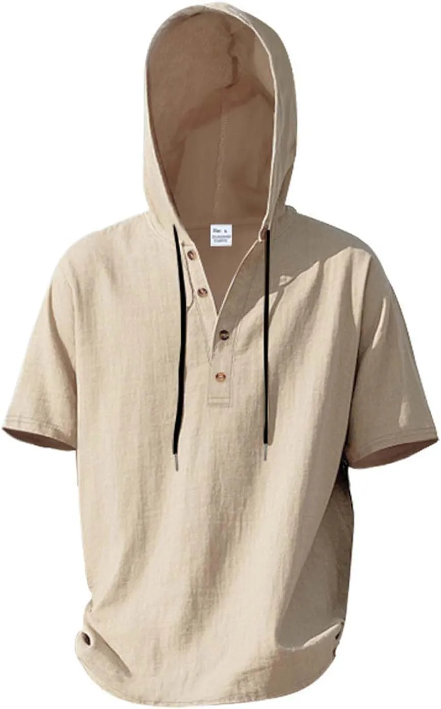 Cotton Linen Shirts for Men Casual Button Down Hoodie Summer Beach Loose Short Sleeve Drawstring Pullover Hooded Top