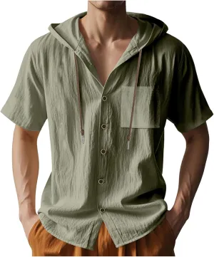 Cotton Linen Shirts for Men Casual Button Hooded Top Summer Drawstring Hoodie Beach Short Sleeve Shirt with Pocket