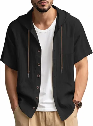 Cotton Linen Shirts for Men Casual Button Hooded Top Summer Drawstring Hoodie Beach Short Sleeve Shirt with Pocket