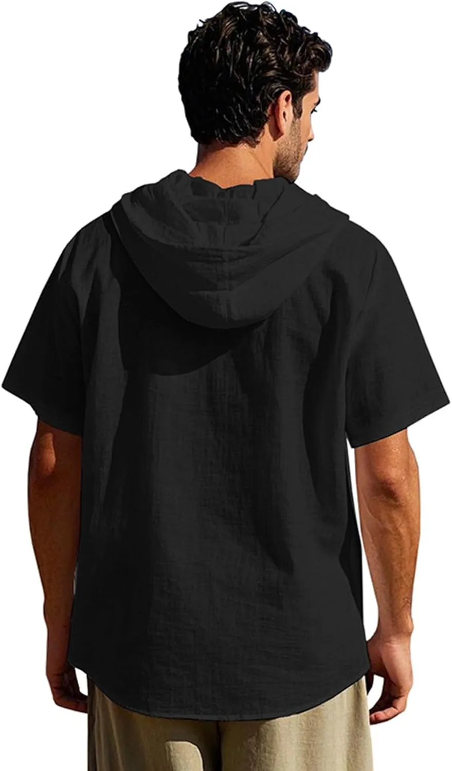 Cotton Linen Shirts for Men Casual Button Hooded Top Summer Drawstring Hoodie Beach Short Sleeve Shirt with Pocket