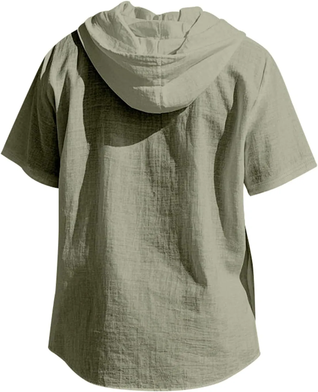 Cotton Linen Shirts for Men Casual Button Hooded Top Summer Drawstring Hoodie Beach Short Sleeve Shirt with Pocket