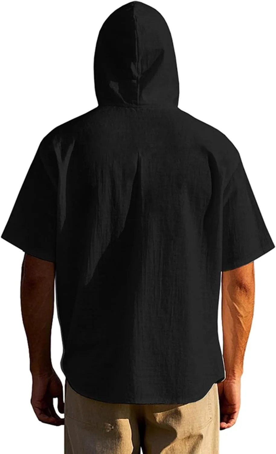Cotton Linen Shirts for Men Casual Button Hooded Top Summer Drawstring Hoodie Beach Short Sleeve Shirt with Pocket