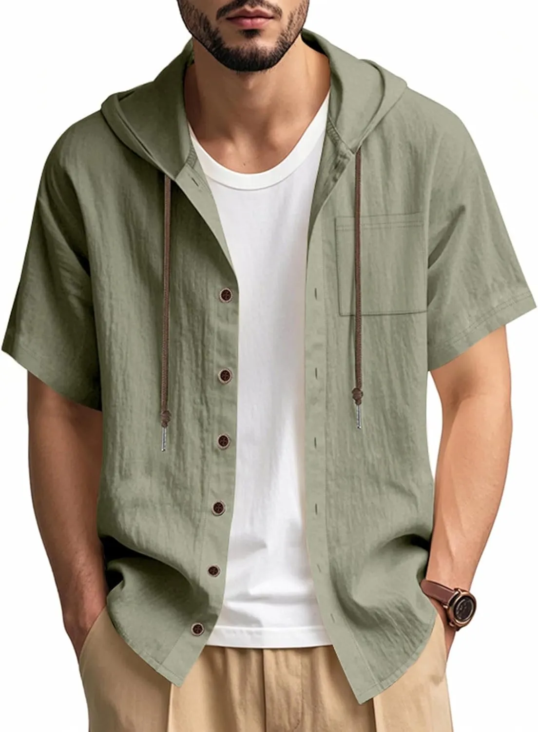 Cotton Linen Shirts for Men Casual Button Hooded Top Summer Drawstring Hoodie Beach Short Sleeve Shirt with Pocket