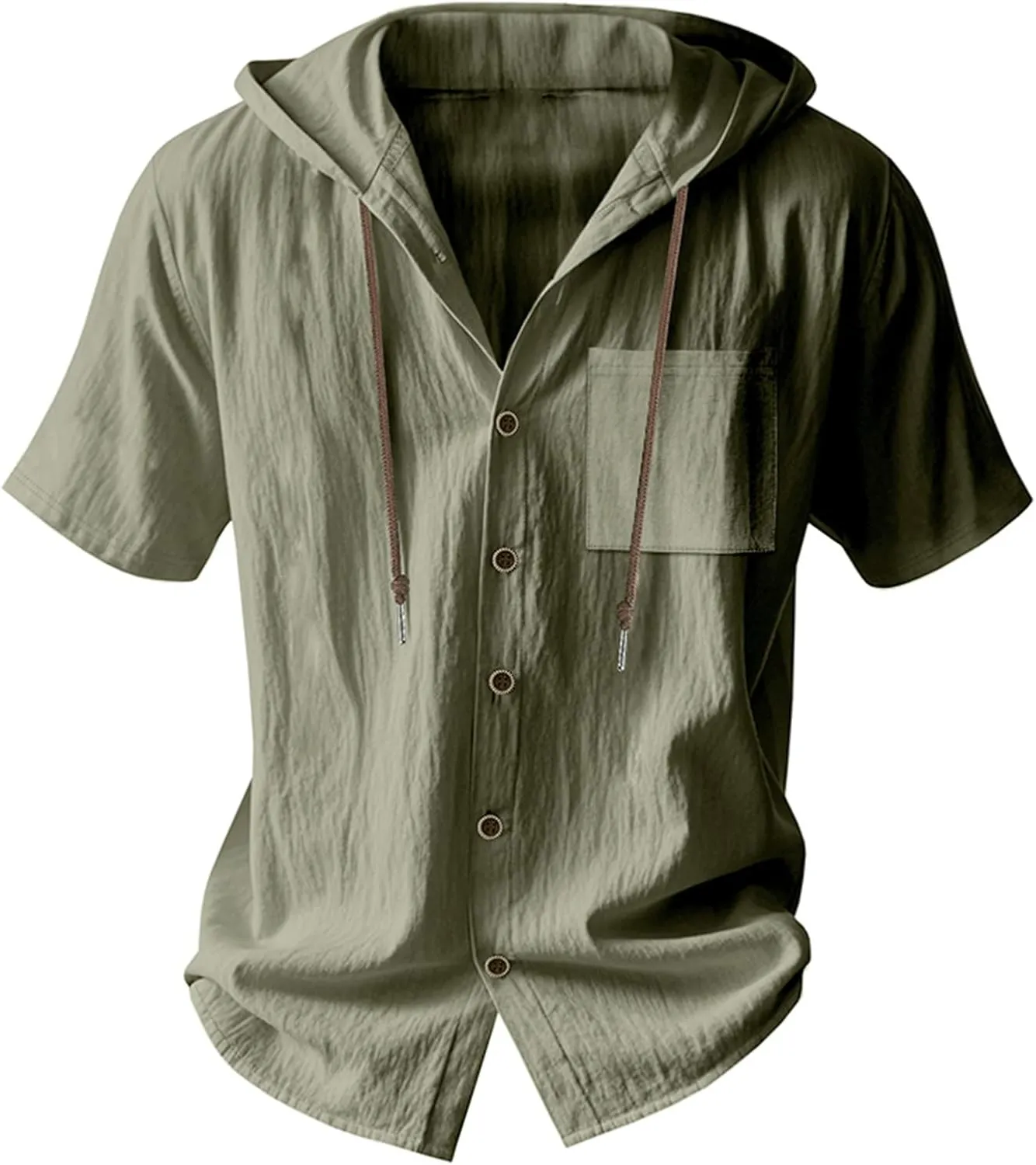 Cotton Linen Shirts for Men Casual Button Hooded Top Summer Drawstring Hoodie Beach Short Sleeve Shirt with Pocket