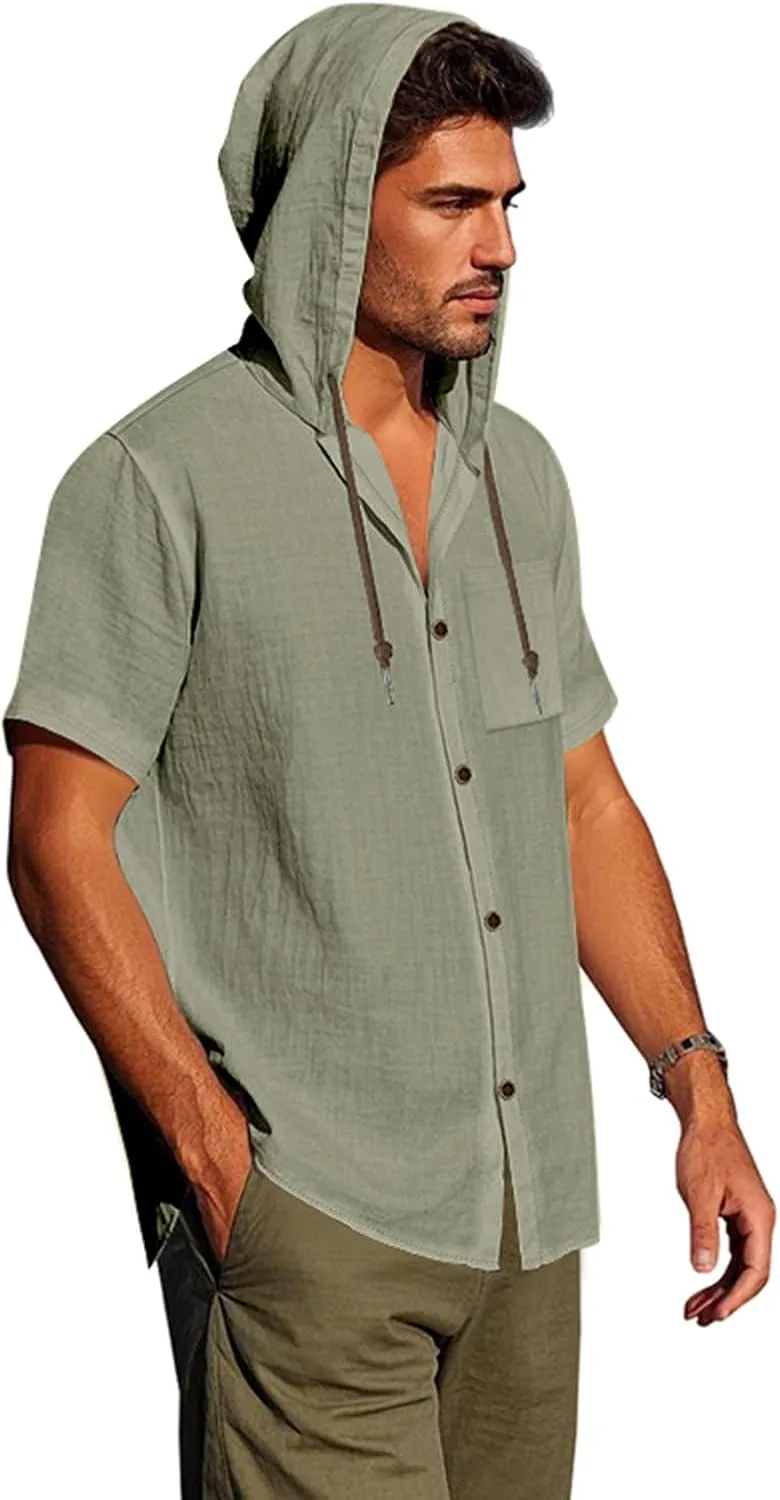 Cotton Linen Shirts for Men Casual Button Hooded Top Summer Drawstring Hoodie Beach Short Sleeve Shirt with Pocket