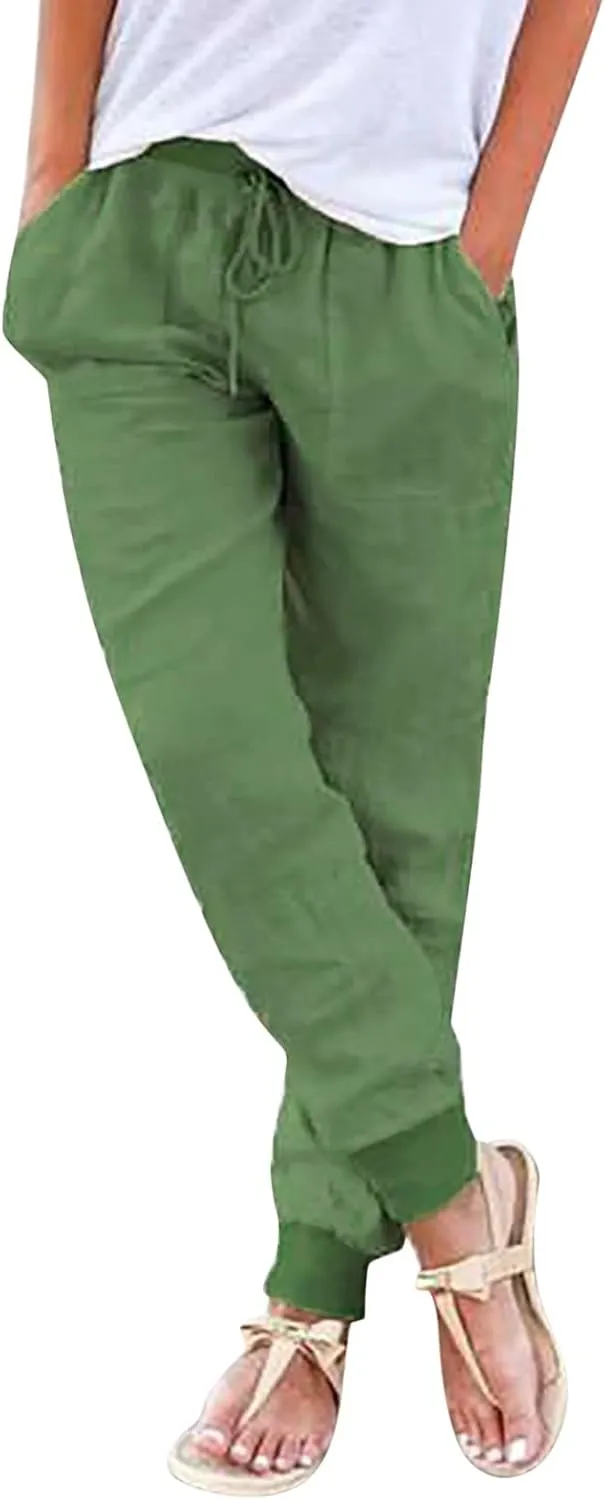 Cotton Linen Summer Pants for Women 2024 Elastic Waist Loose Fit Straight Leg Crop Pants Beach Trousers with Pockets