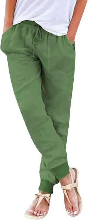 Cotton Linen Summer Pants for Women 2024 Elastic Waist Loose Fit Straight Leg Crop Pants Beach Trousers with Pockets
