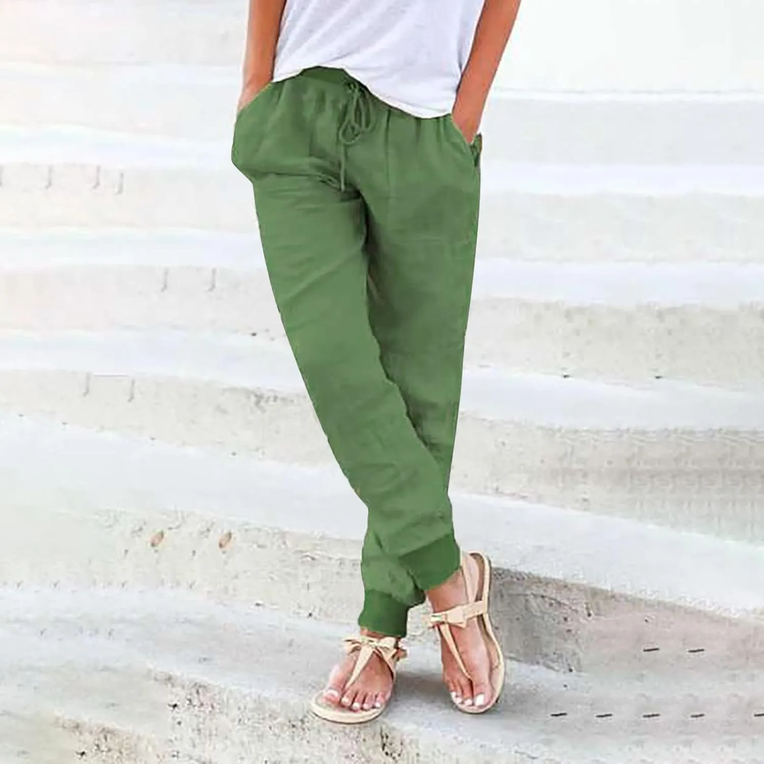 Cotton Linen Summer Pants for Women 2024 Elastic Waist Loose Fit Straight Leg Crop Pants Beach Trousers with Pockets