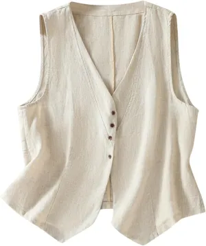 Cotton Linen Vest for Women Sleeveless Button Down Coats Casual Lightweight V Neck Retro 2024 Fall Jackets Pockets
