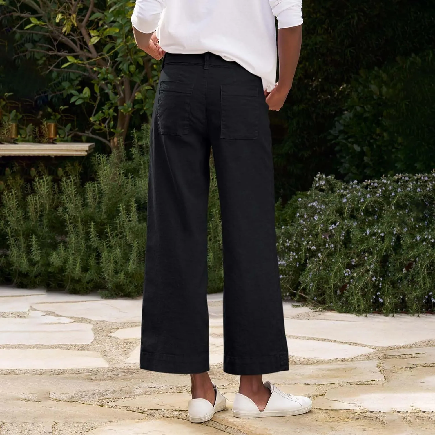 Cropped Linen Pants Women Elastic Waist Teacher Pants Lightweight Summer Comfy Capri Work Pants Loose Ankle Pants