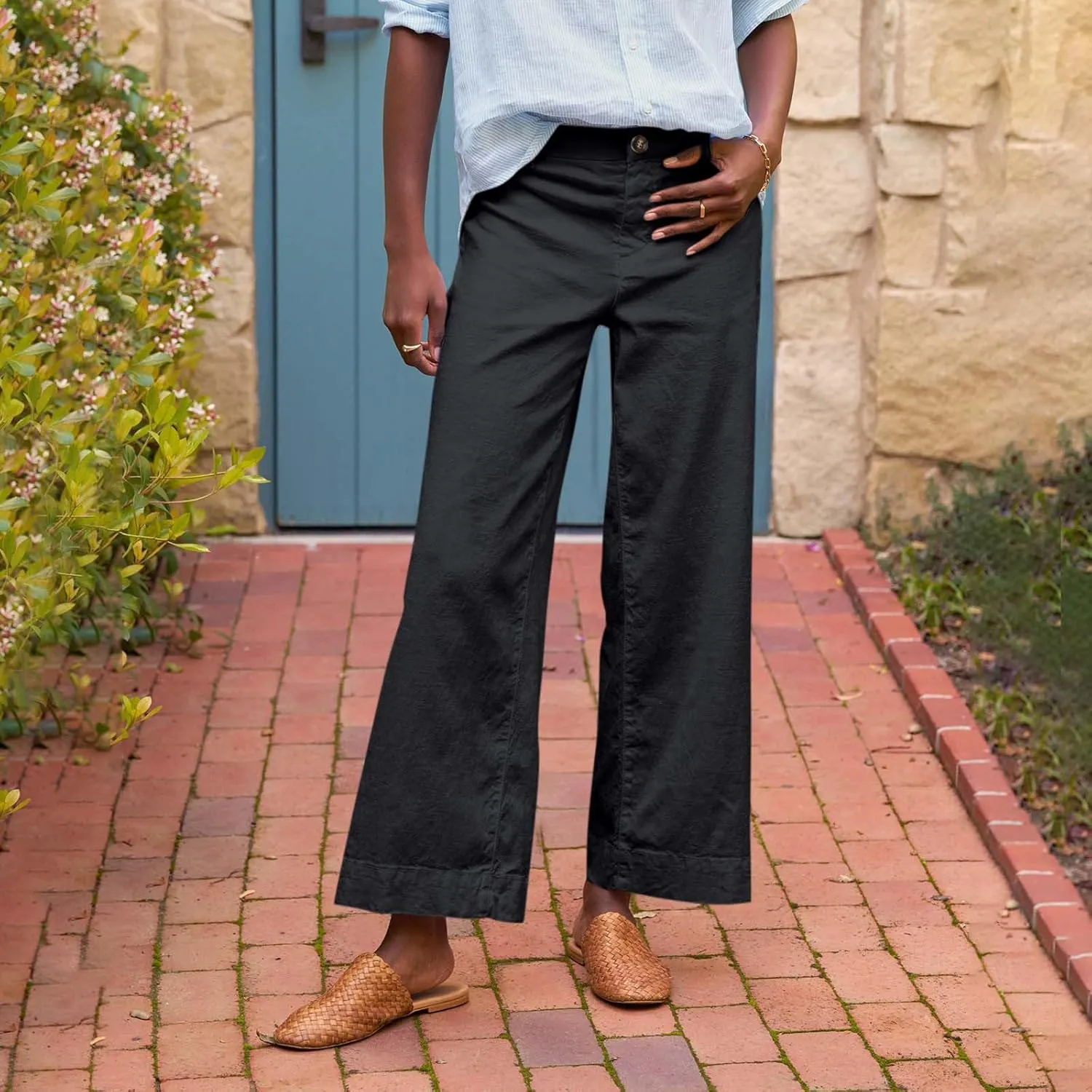 Cropped Linen Pants Women Elastic Waist Teacher Pants Lightweight Summer Comfy Capri Work Pants Loose Ankle Pants