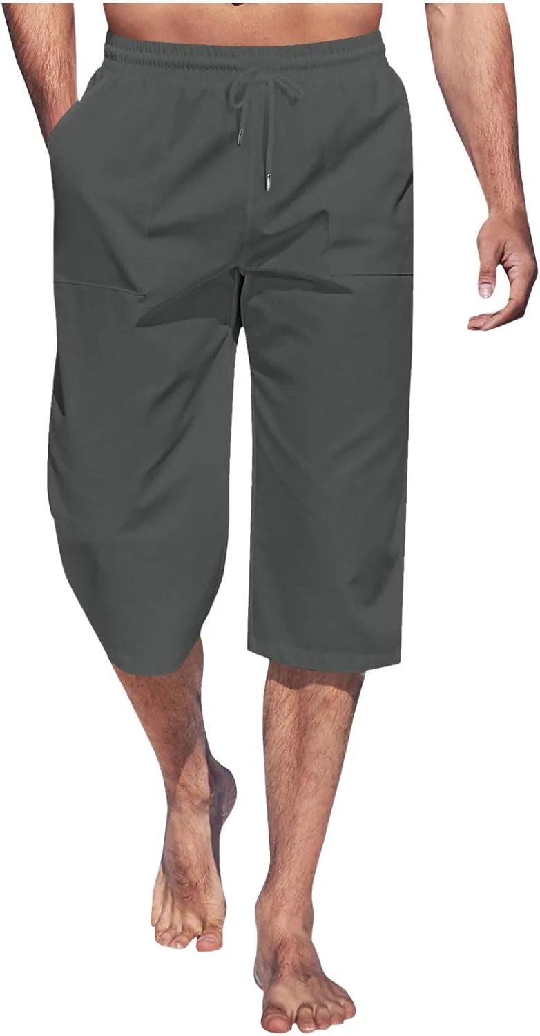 Cropped Pants Men 3/4 Length Trousers Sweatpants Elastic Waist Trouser Straight Leg Pant Shorts Stretch Capri Legging