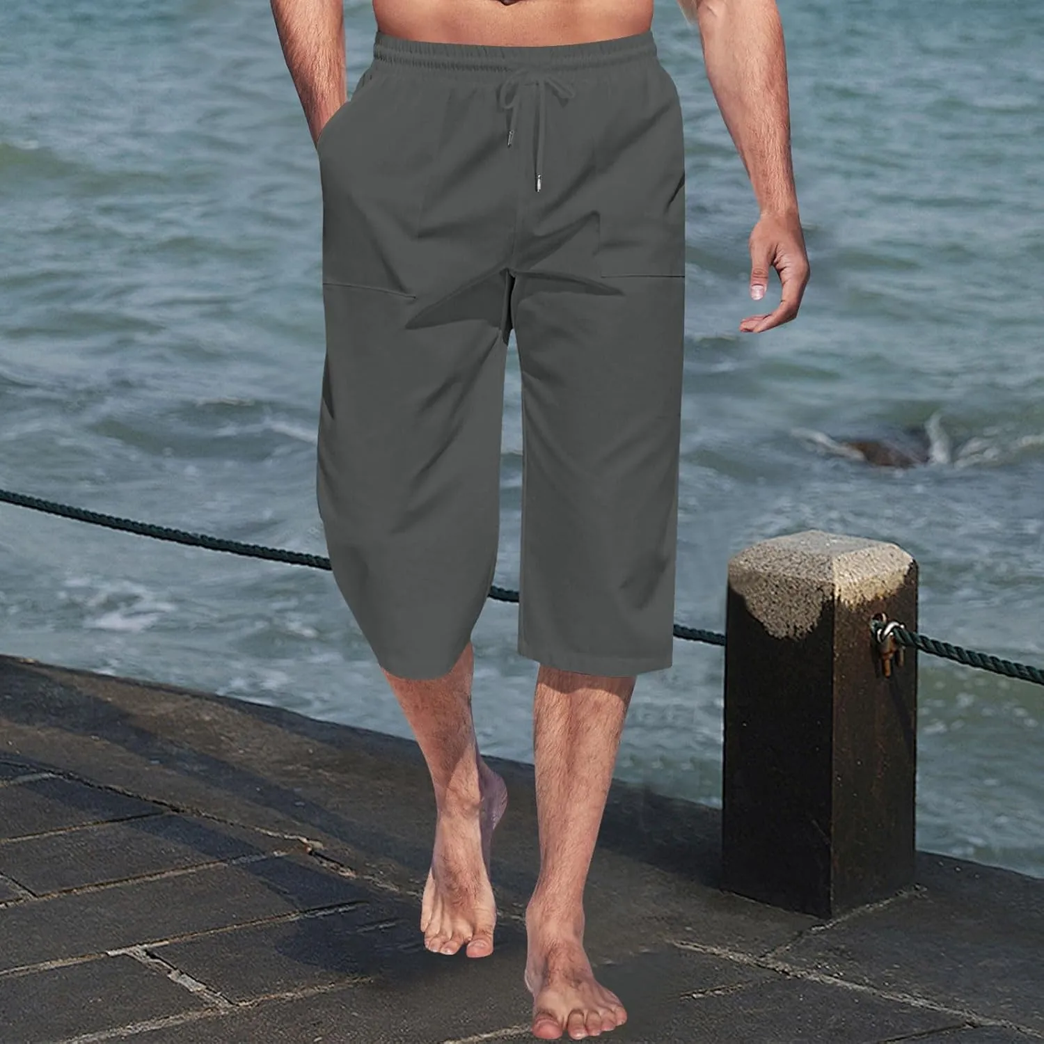 Cropped Pants Men 3/4 Length Trousers Sweatpants Elastic Waist Trouser Straight Leg Pant Shorts Stretch Capri Legging