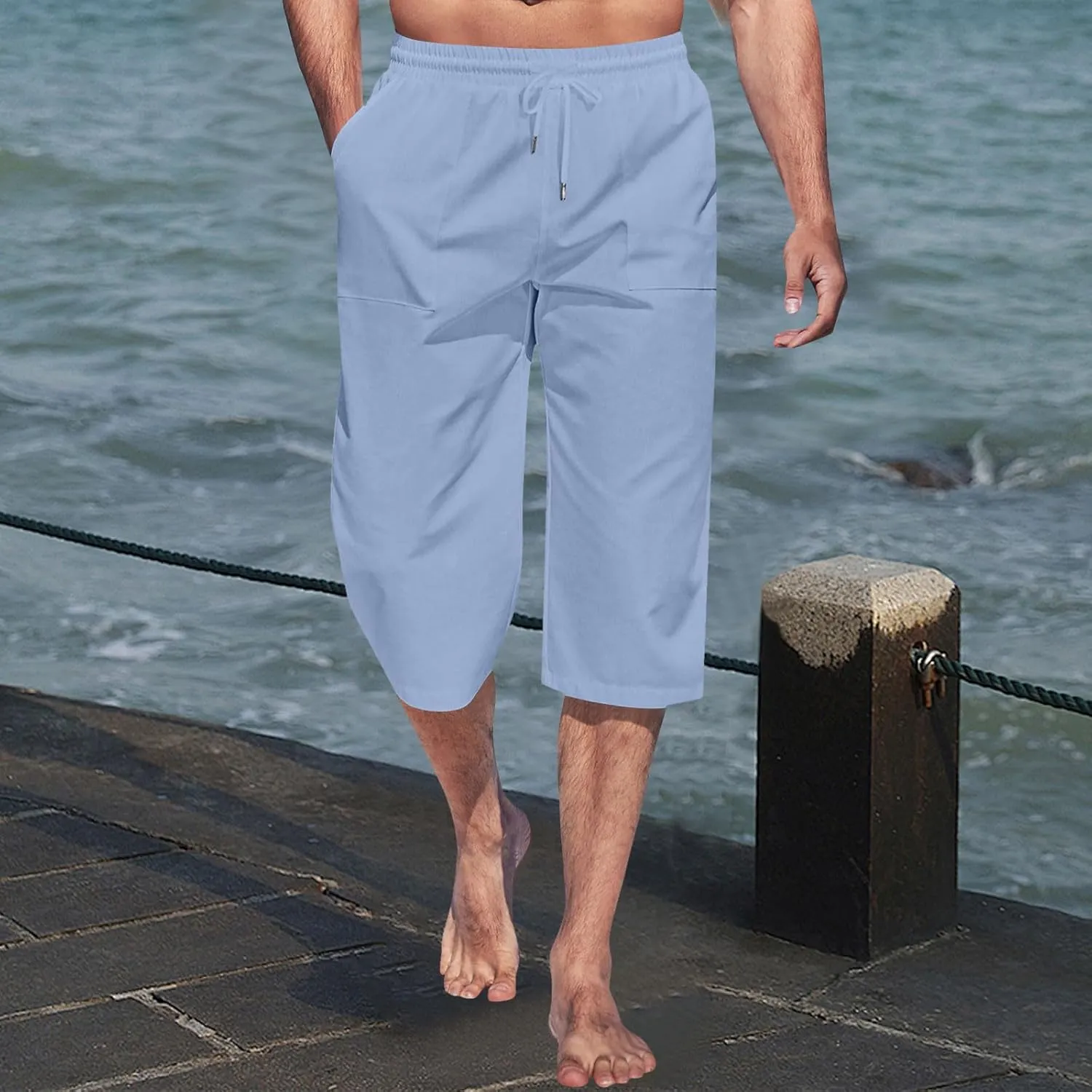 Cropped Pants Men 3/4 Length Trousers Sweatpants Elastic Waist Trouser Straight Leg Pant Shorts Stretch Capri Legging
