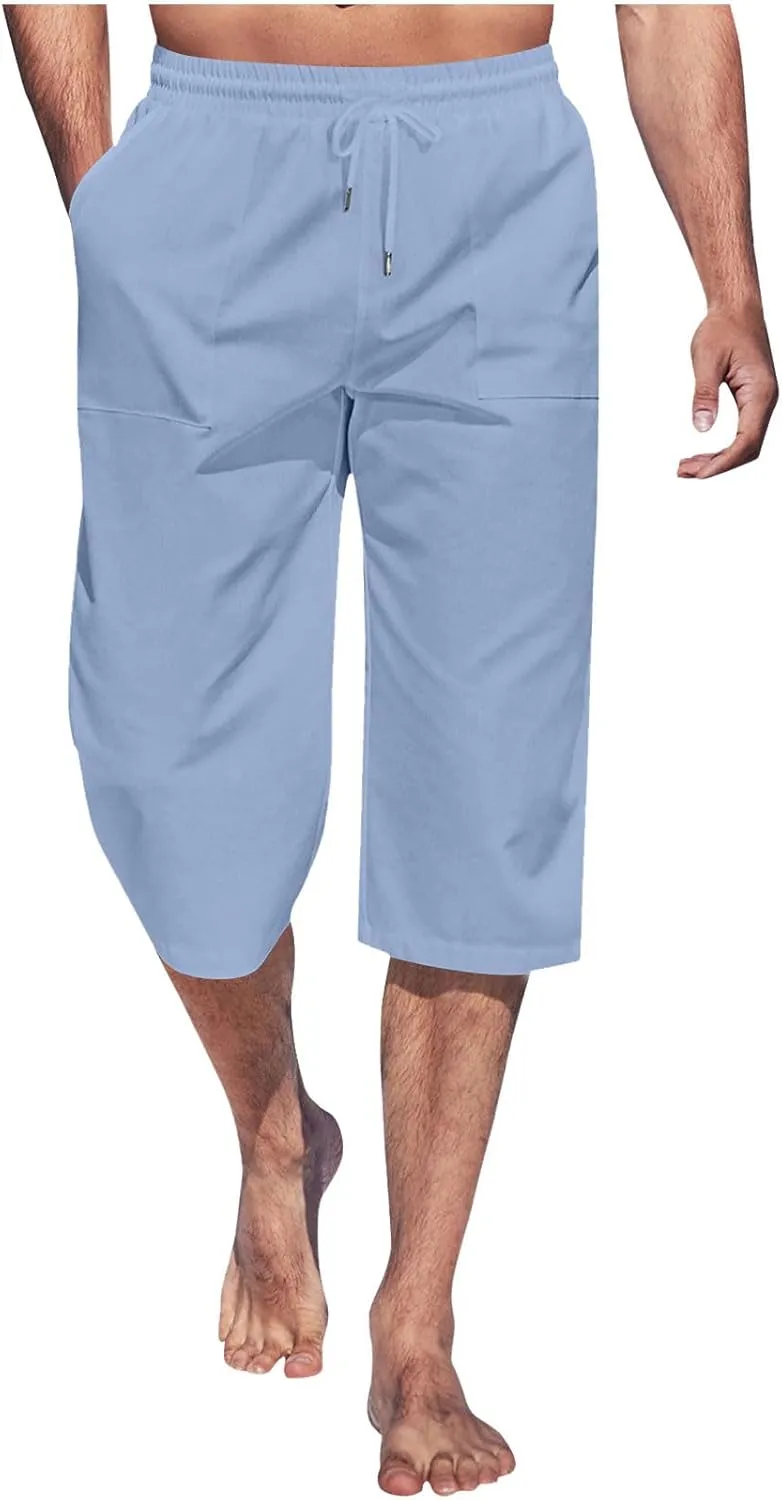 Cropped Pants Men 3/4 Length Trousers Sweatpants Elastic Waist Trouser Straight Leg Pant Shorts Stretch Capri Legging