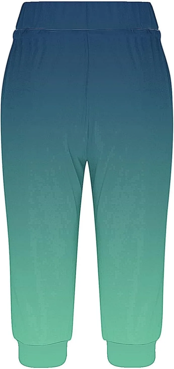 Cropped Trousers Women Gradient Color Capri Pants Ladies 3/4 Trouser Joggers Elasticated Waist Sweatpants