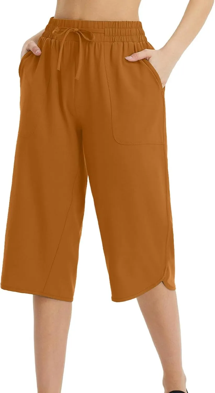 Cropped Trousers Women Summer Capri Pants with Pocket Loose Wide Leg Pant High Waist Sports Yoga Running Hiking Bottoms