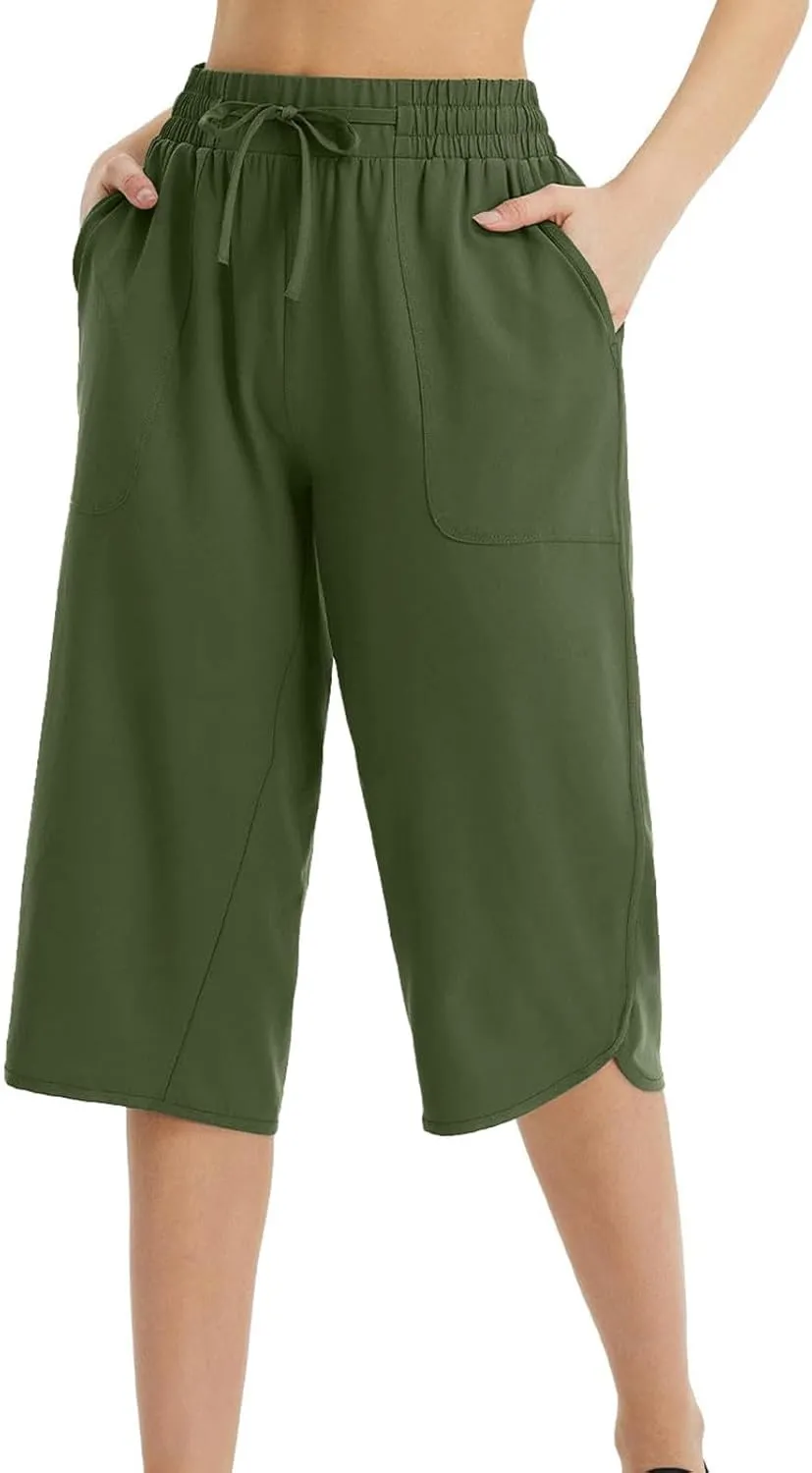 Cropped Trousers Women Summer Capri Pants with Pocket Loose Wide Leg Pant High Waist Sports Yoga Running Hiking Bottoms