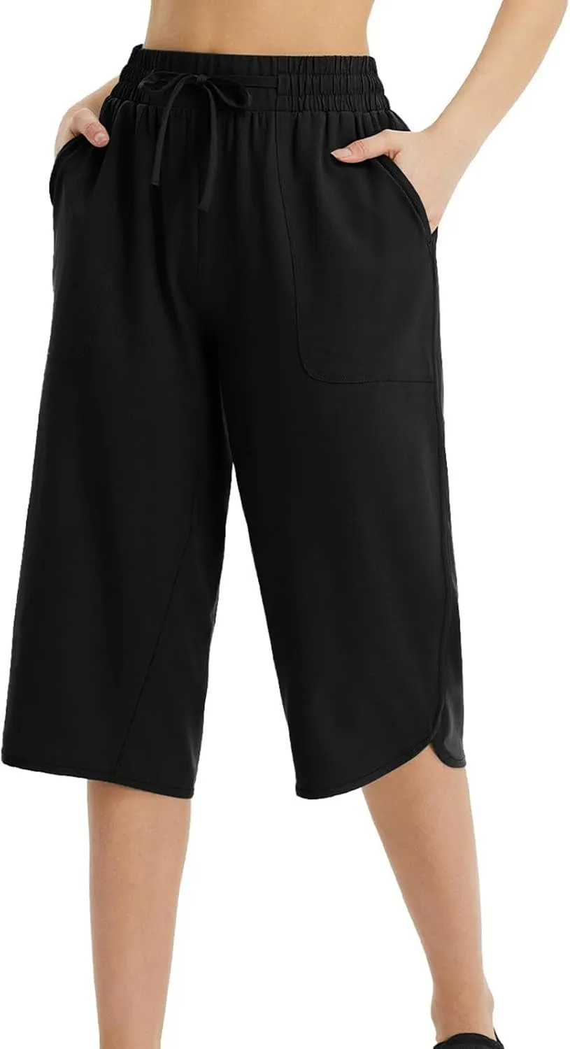 Cropped Trousers Women Summer Capri Pants with Pocket Loose Wide Leg Pant High Waist Sports Yoga Running Hiking Bottoms