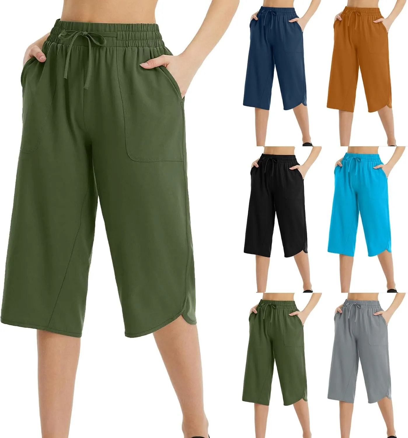Cropped Trousers Women Summer Capri Pants with Pocket Loose Wide Leg Pant High Waist Sports Yoga Running Hiking Bottoms