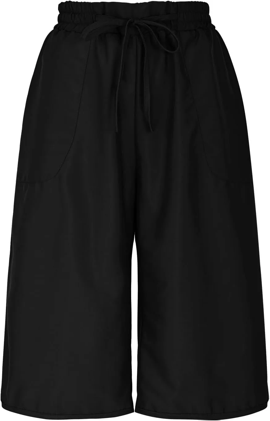 Cropped Trousers Women Summer Capri Pants with Pocket Loose Wide Leg Pant High Waist Sports Yoga Running Hiking Bottoms