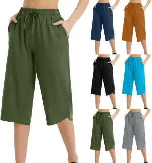 Cropped Trousers Women Summer Capri Pants with Pocket Loose Wide Leg Pant High Waist Sports Yoga Running Hiking Bottoms