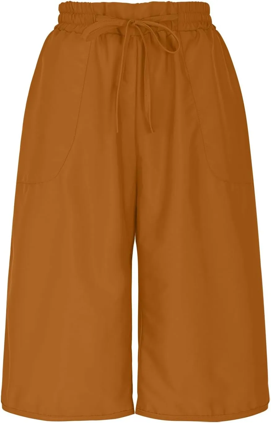 Cropped Trousers Women Summer Capri Pants with Pocket Loose Wide Leg Pant High Waist Sports Yoga Running Hiking Bottoms