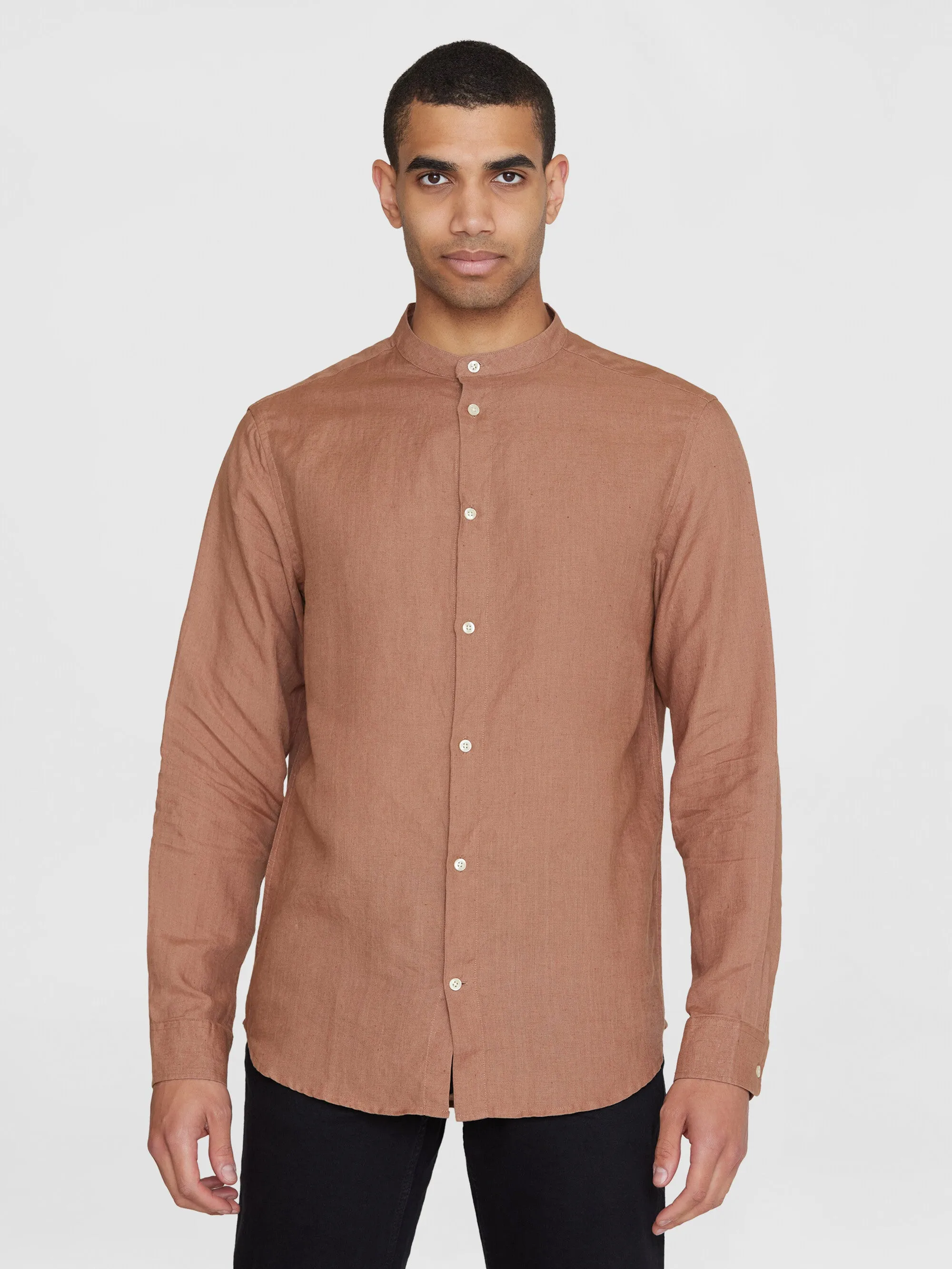 Custom fit linen stand collar shirt - Chocolate Malt