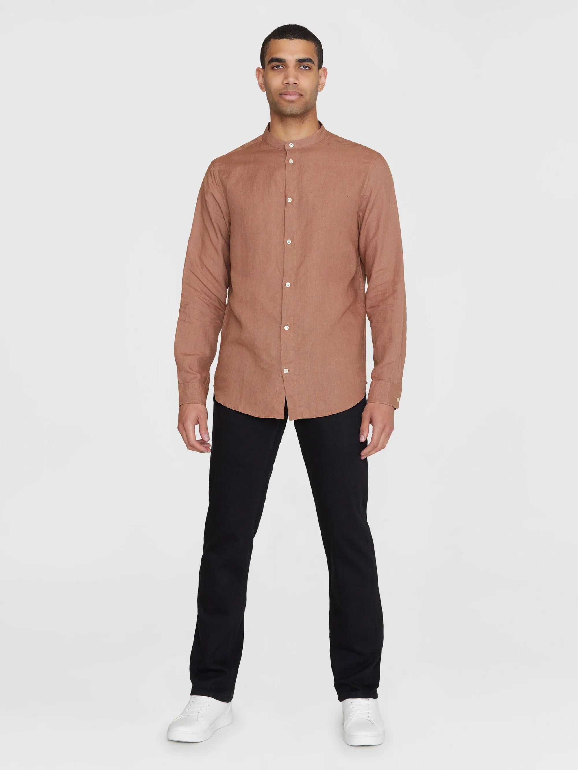 Custom fit linen stand collar shirt - Chocolate Malt