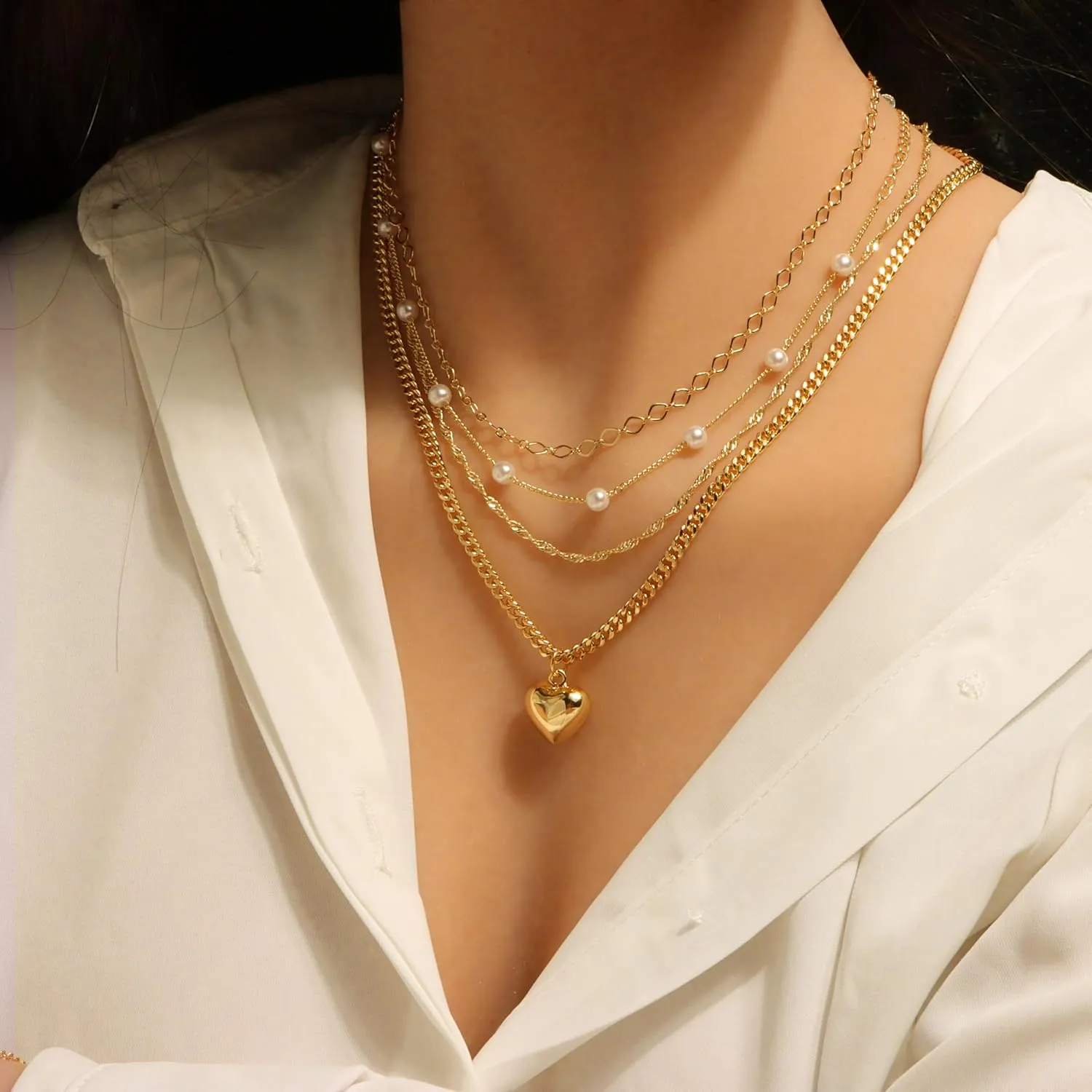 Dainty Gold Necklaces for Women 14k Gold Plated Heart Pendant Necklace Paperclip Chain Pearl Necklaces Layered Necklaces Jewerly