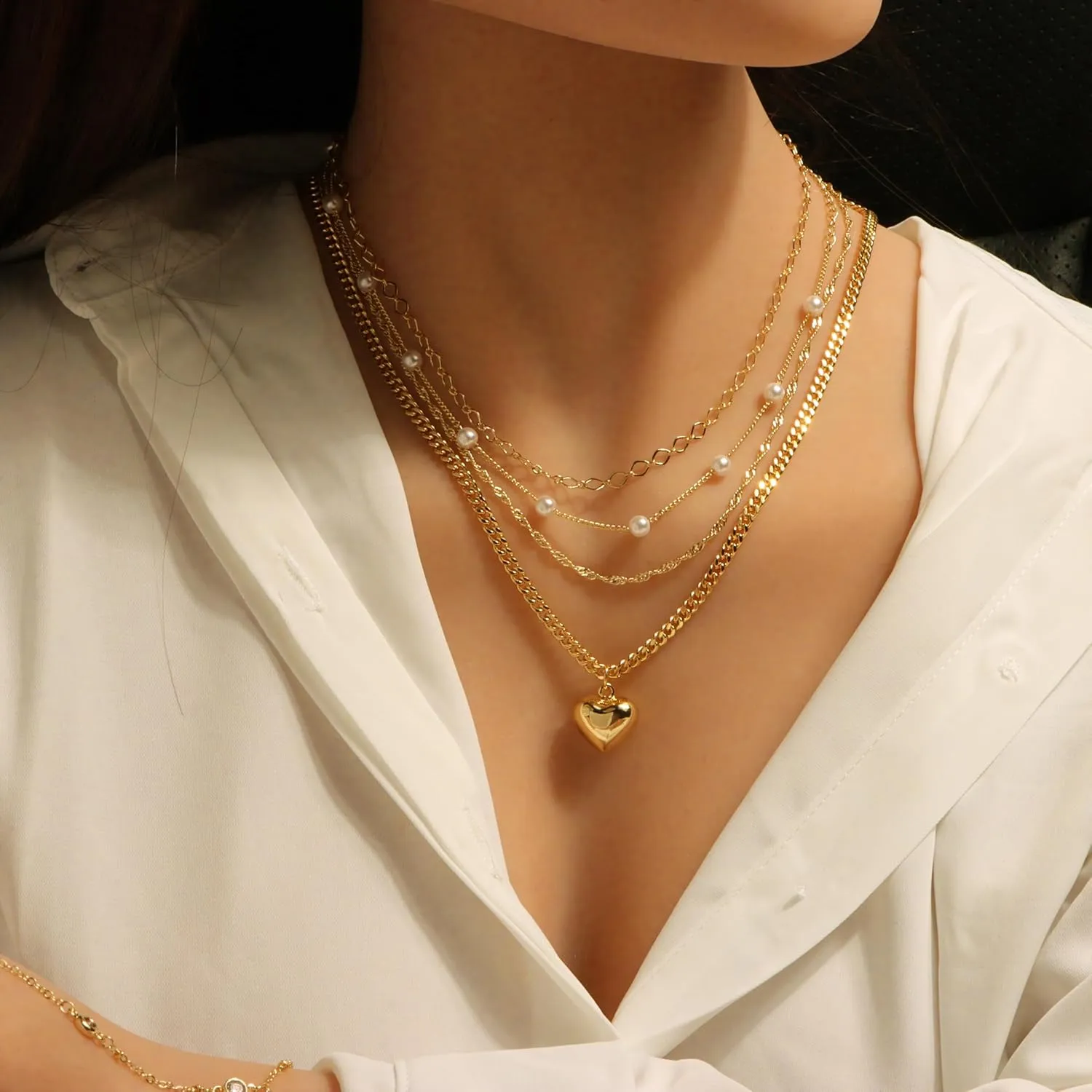 Dainty Gold Necklaces for Women 14k Gold Plated Heart Pendant Necklace Paperclip Chain Pearl Necklaces Layered Necklaces Jewerly