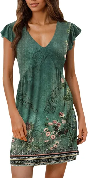 Dresses for Women 2025 Womens Summer Beach Dresses Casual Loose Deep V Neck Sundress Ruffle Short Sleeve Mini Dress