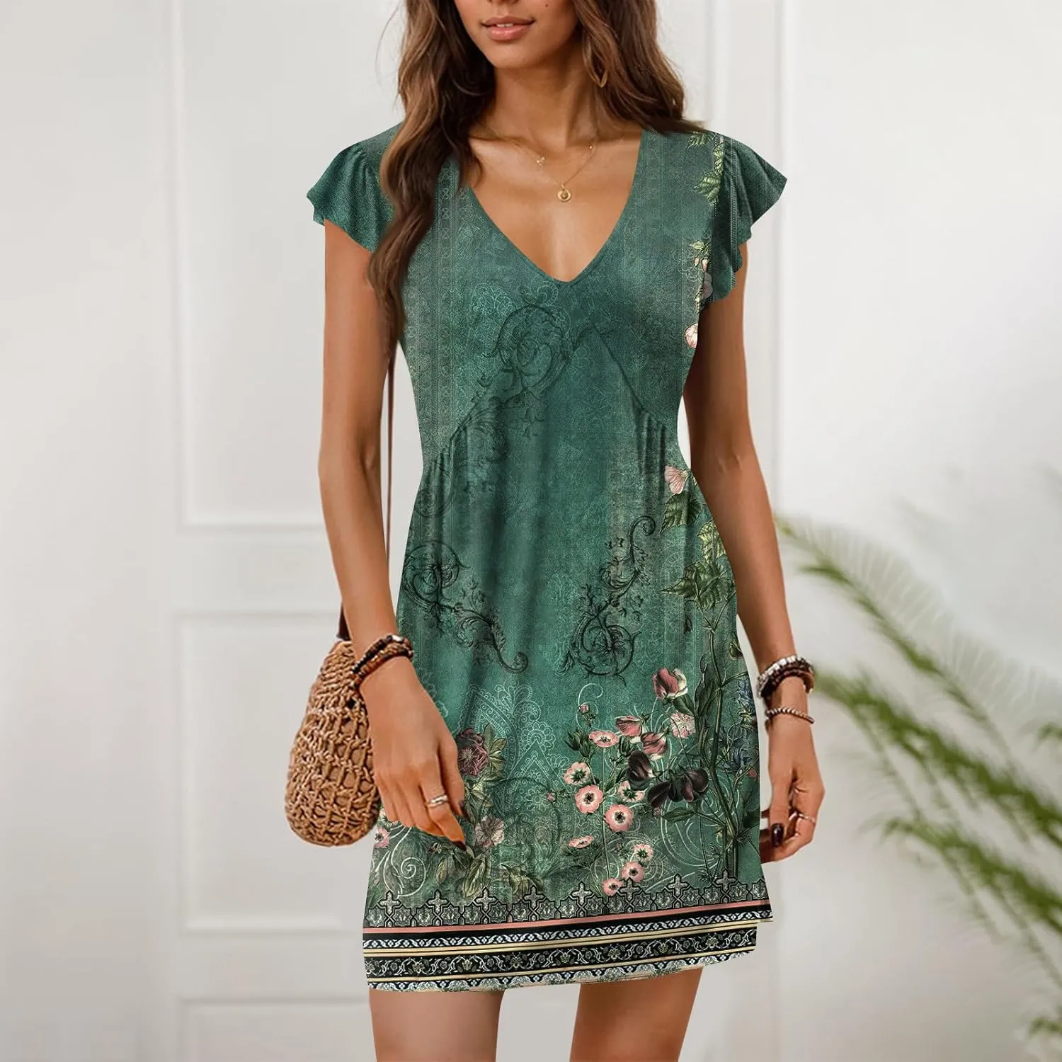 Dresses for Women 2025 Womens Summer Beach Dresses Casual Loose Deep V Neck Sundress Ruffle Short Sleeve Mini Dress
