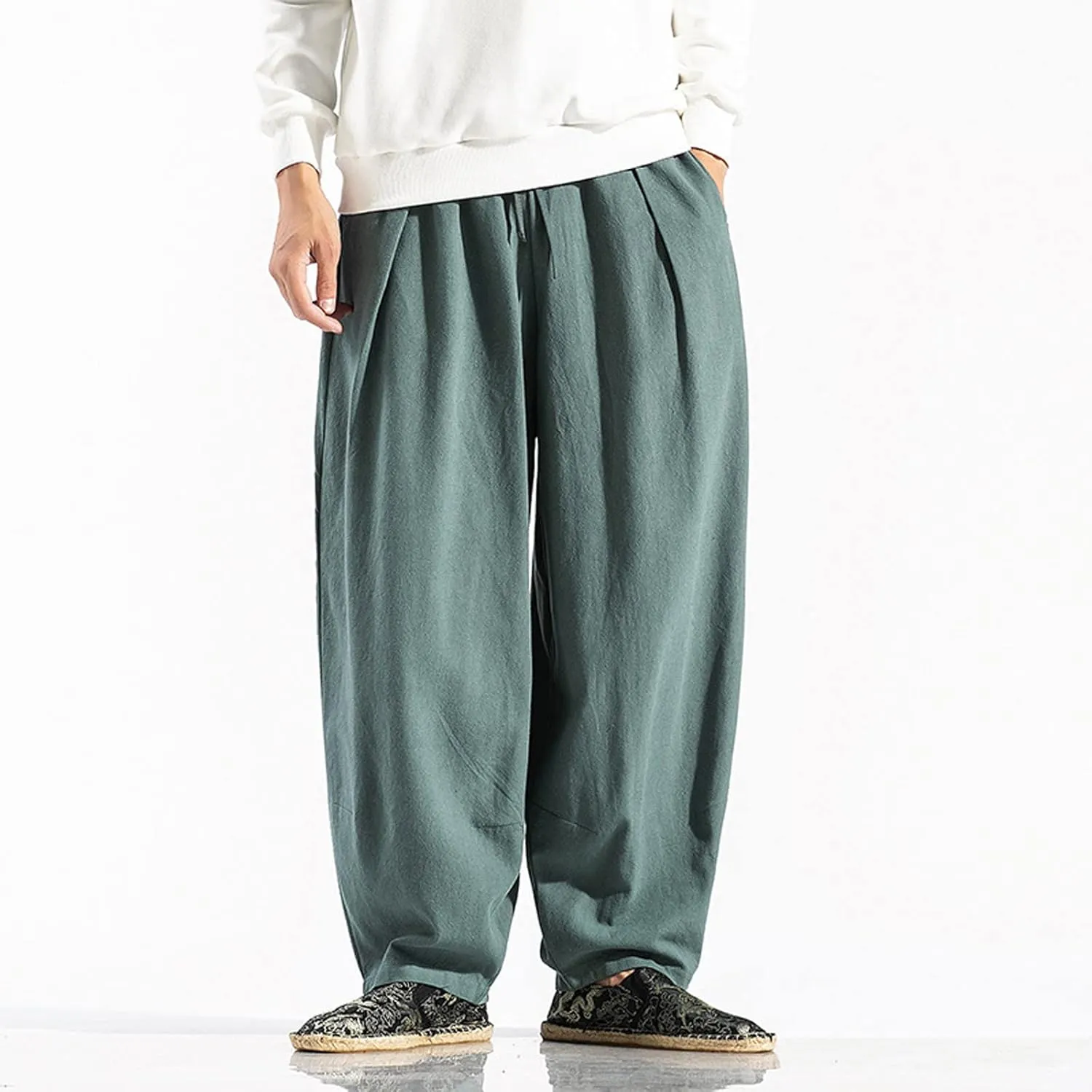 Dudubaby Men Casual Pants Mens Baggy Pants Drawstring Cotton Linen Wide Leg Yoga Pants Solid Color Baggy Pants