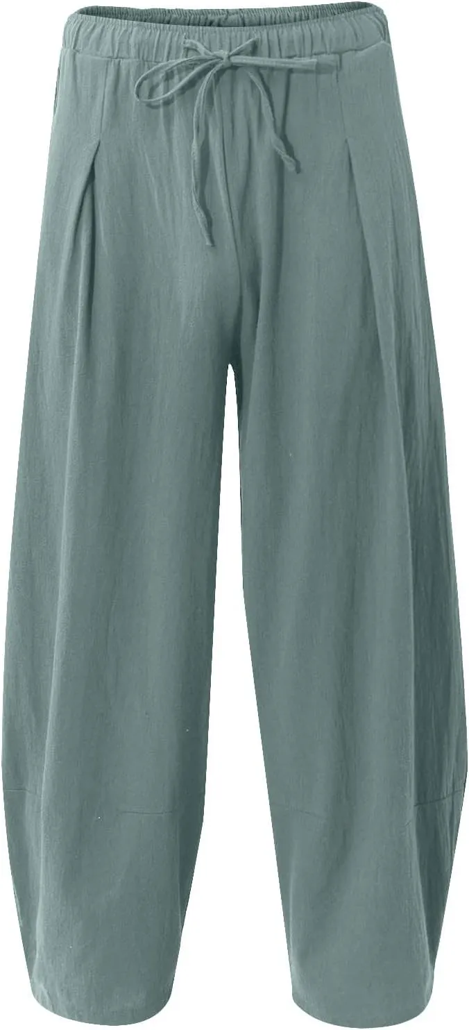Dudubaby Men Casual Pants Mens Baggy Pants Drawstring Cotton Linen Wide Leg Yoga Pants Solid Color Baggy Pants