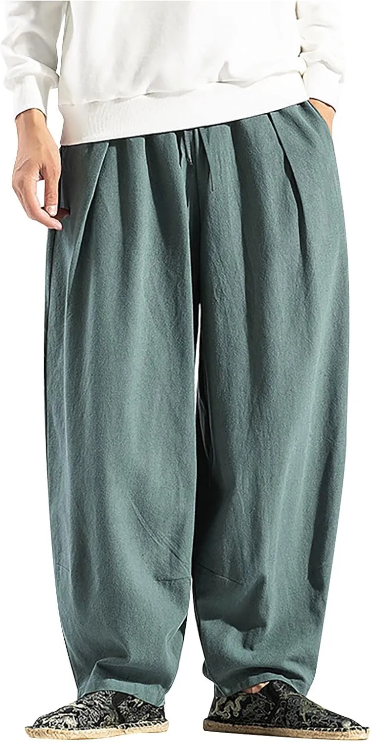 Dudubaby Men Casual Pants Mens Baggy Pants Drawstring Cotton Linen Wide Leg Yoga Pants Solid Color Baggy Pants