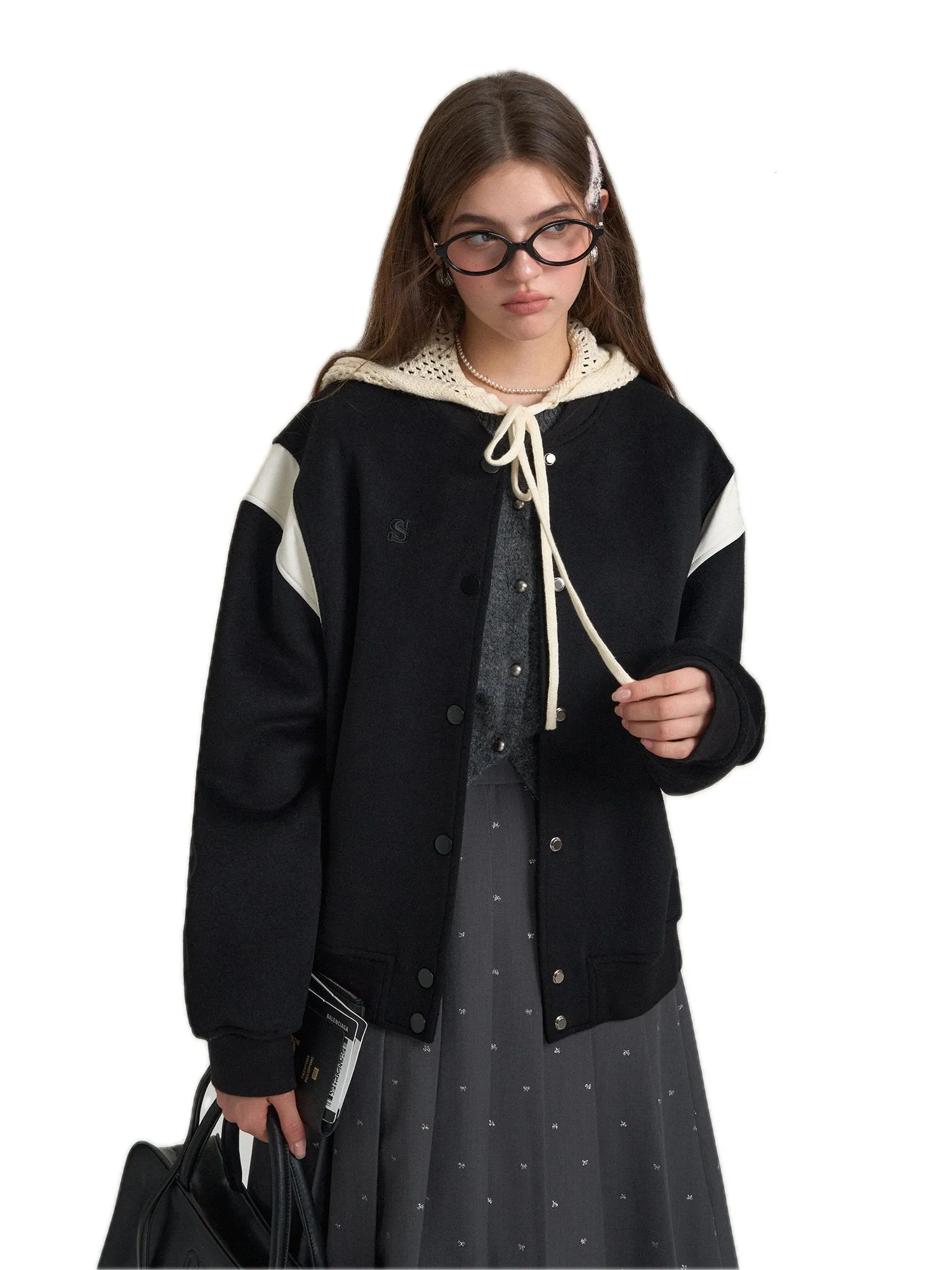 Eco Leather And Wool Baseball Jacket In Black