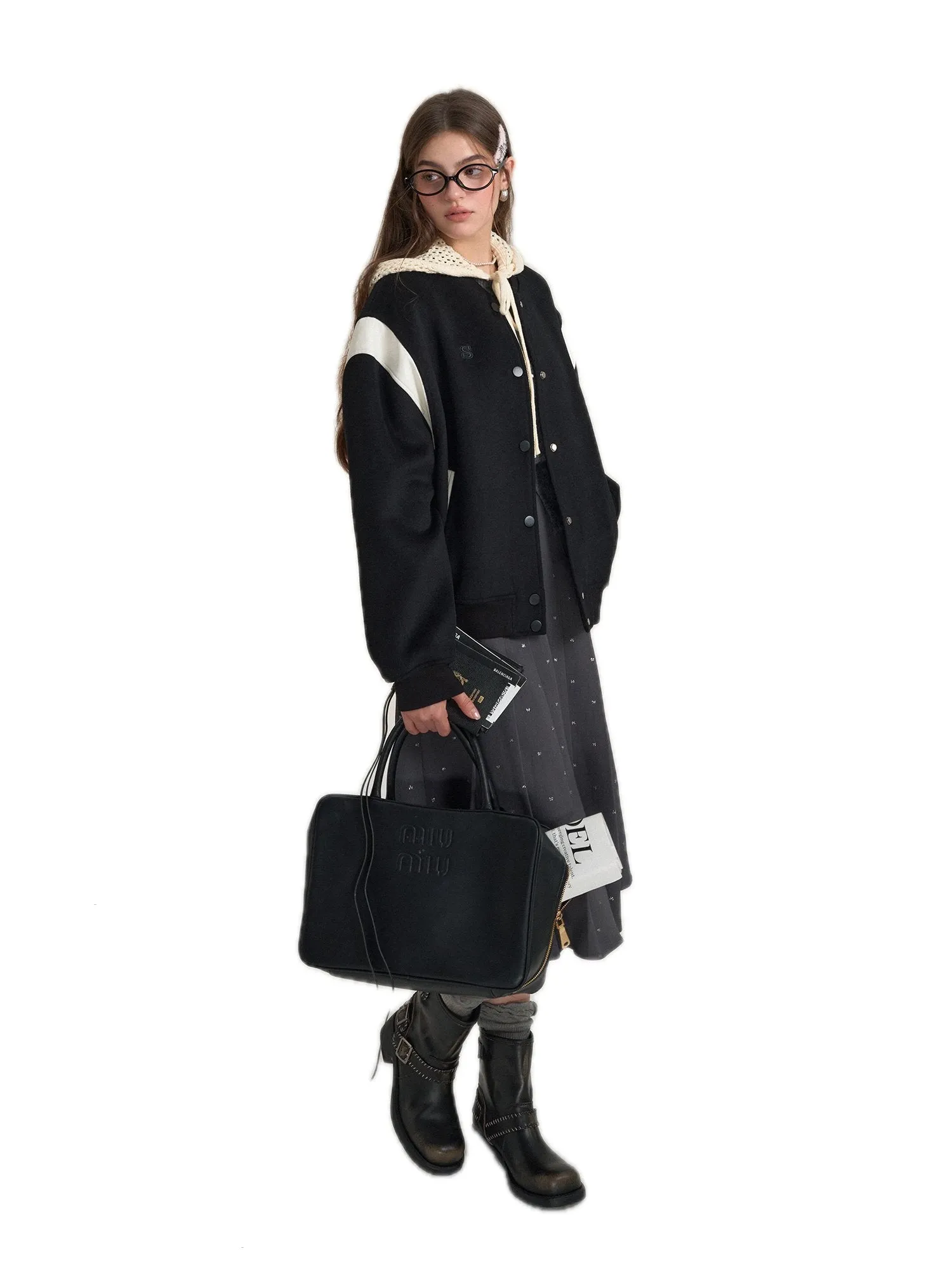 Eco Leather And Wool Baseball Jacket In Black