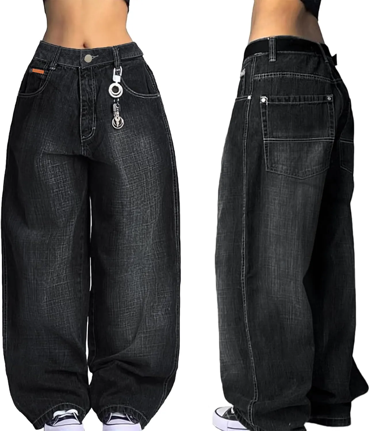 EMMIOL Women Hip Hop Baggy Jeans Wide Leg Mid-Low Waist Jeans Loose Boyfriends Jeans 90s Vintage Denim Pants